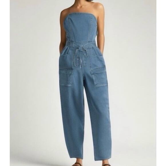 Sincerely Jules Denim Jumpsuit Size M Belted Wide Leg Cotton Blend - Picture 1 of 10